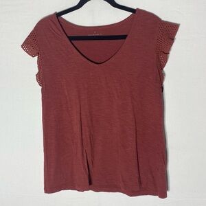 Denver Hayes Rust Red Cotton Blend Short Ruffle Sleeve Top L